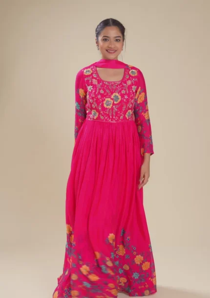 Rani Pink Zariwork Semi Crepe Readymade Salwar Suit
