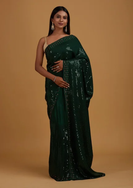 Bottle Green Sequins Semi Crepe Designer Saree