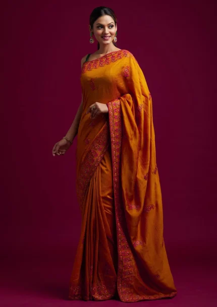 Mustard Thread Work Raw Silk Saree