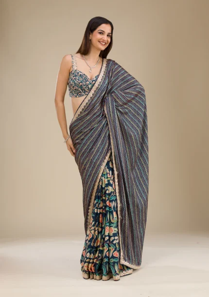 Navy Blue Printed Satin Saree