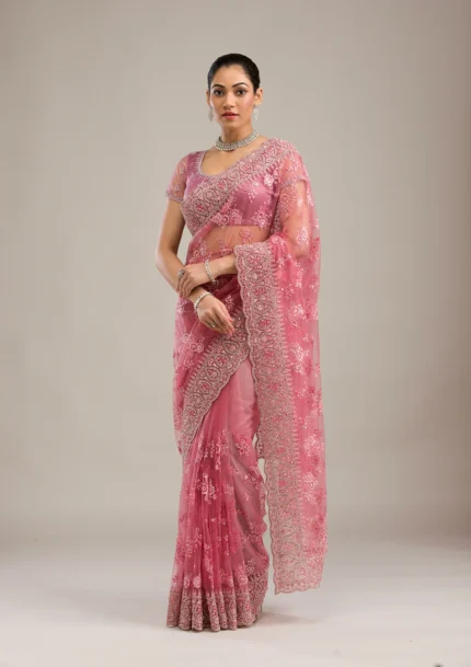 Onion Pink Silver Stonework Net Saree