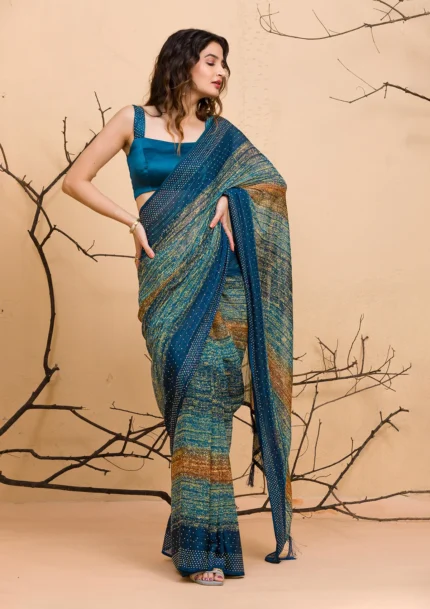 Peacock Blue Swarovski Chiffon Designer Saree