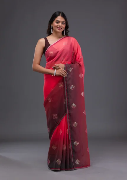 Red Swarovski Satin Saree