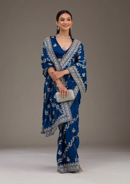 Royal Blue Threadwork Satin Saree
