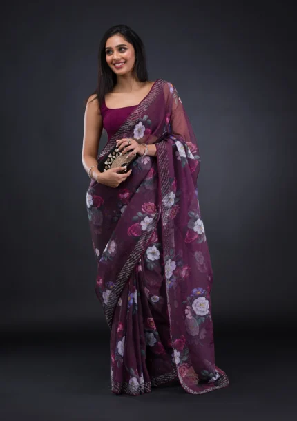 Wine Floral Organza Saree