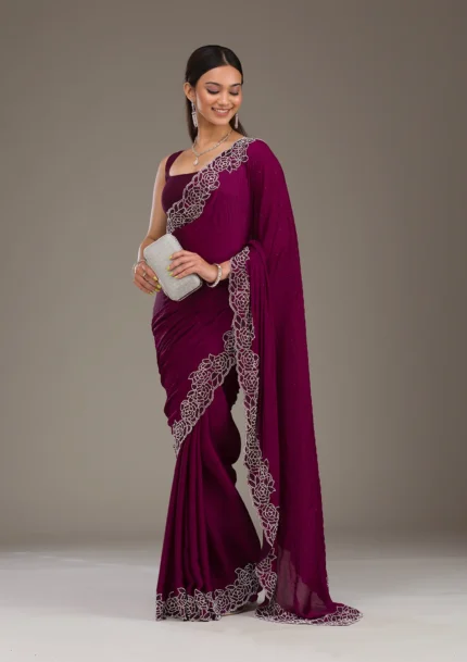 Wine Swarovski Satin Saree