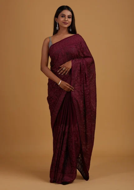 Wine Threadwork Georgette Designer Saree