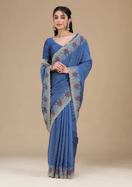 Navy Blue Threadwork Soft Raw Silk Saree