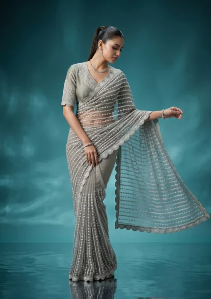 Pista Green Pearlwork Net Saree