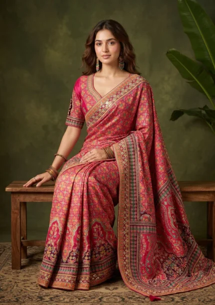 Pink Sequins Satin Saree